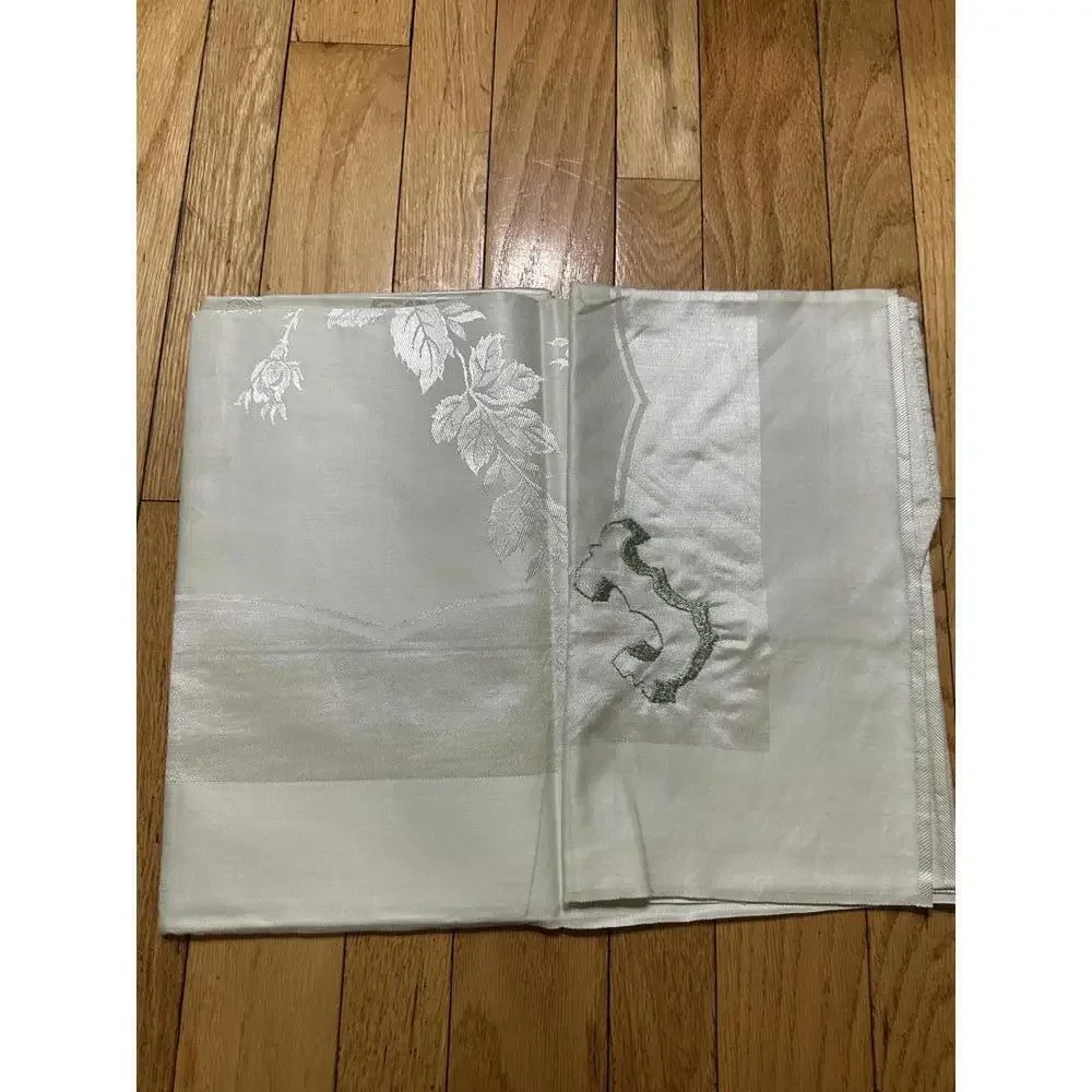 New VTG Mint Green Monogrammed J Linen Tablecloth & 6 Napkins Set Cottagecore